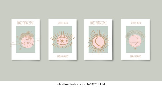 Set of mystical and mysterious illustrations in hand drawn style.  Minimalistic objects made in the style.  boho style signs and symbols. outer space, moon, sun system. vector.