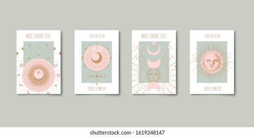 Set of mystical and mysterious illustrations in hand drawn style.  Minimalistic objects made in the style.  boho style signs and symbols. outer space, moon, sun system. vector.