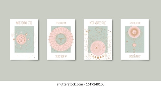 Set of mystical and mysterious illustrations in hand drawn style.  Minimalistic objects made in the style.  boho style signs and symbols. outer space, moon, sun system. vector.