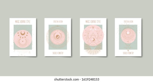 Set of mystical and mysterious illustrations in hand drawn style.  Minimalistic objects made in the style.  boho style signs and symbols. outer space, moon, sun system. vector.