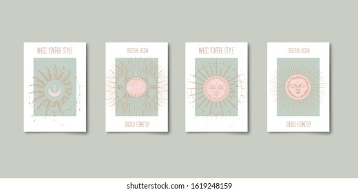 Set of mystical and mysterious illustrations in hand drawn style.  Minimalistic objects made in the style.  boho style signs and symbols. outer space, moon, sun system. vector.