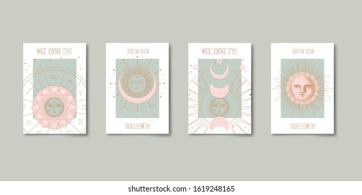 Set of mystical and mysterious illustrations in hand drawn style.  Minimalistic objects made in the style.  boho style signs and symbols. outer space, moon, sun system. vector.