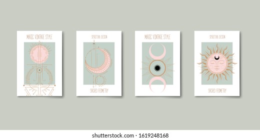 Set of mystical and mysterious illustrations in hand drawn style.  Minimalistic objects made in the style.  boho style signs and symbols. outer space, moon, sun system. vector.