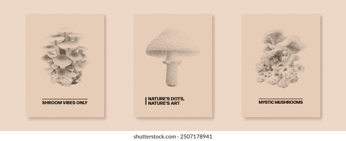 Set of Mystical Neon Magic Mushrooms. Vector banner with trendy halftone elements. Vintage design for for t-shirt, postcard, poster, invitation.