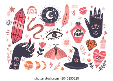 Se establece con objetos místicos. Crystal, buddha hand, sombrero de bruja, poción de amor y otros. Ilustración vectorial dibujada a mano.