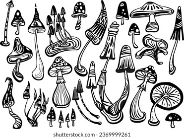 Set of Mystical Psychedelic mushrooms, Magic Hippie boho art, black and white vector illustration