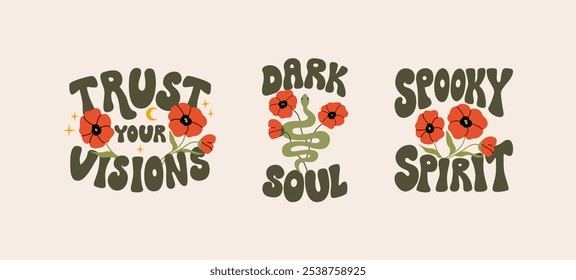 Conjunto de citas místicas con serpientes y flores de amapola roja. Vector plano ilustración de letras Dark Soul, confía en tus visiones, Spooky Spirit en estilo retro groovy