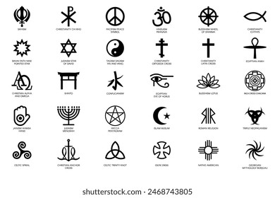 Eine Reihe mystischer religiöser Symbole verschiedener Kulturen der Welt, heilige Zeichen. Spirituelle traditionelle Kulturen der Verehrung und Verehrung. Einfache Schwarz-Weiß-Vektorgrafik isoliert auf weißem Hintergrund