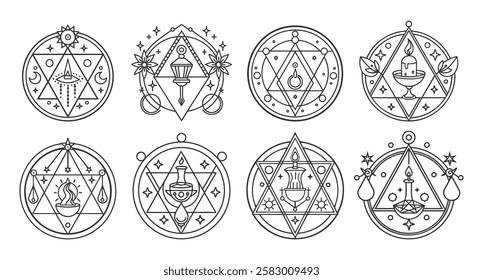 Set of mystical sacred geometric symbols. Linear alchemy, occultism, philosophical signs. Illustration in boho style.