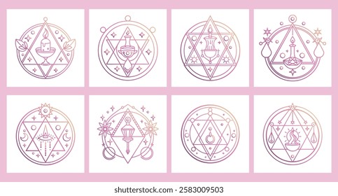 Set of mystical sacred geometric symbols. Linear alchemy, occultism, philosophical signs. Illustration in boho style.