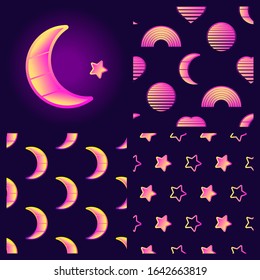 Set of mystical seamless patterns with moons, hearts, rainbows and sphere shapes and crescent moon illustration. Cute dreamy digital vector wallpapers. 