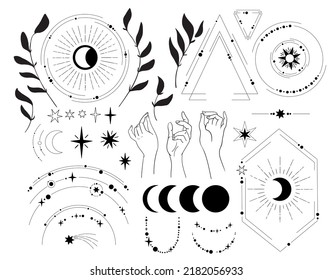 set of mystical space vector elements: stars, moon phases, frames, comet