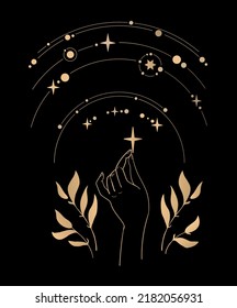 set of mystical space vector gold elements: stars, moon phases, frames, comet