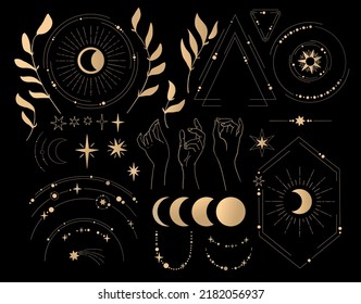 set of mystical space vector gold elements: stars, moon phases, frames, comet
