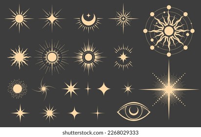 Set of mystical star icons, magic moon and astrology stars in tarot style, christmas decoration, vector