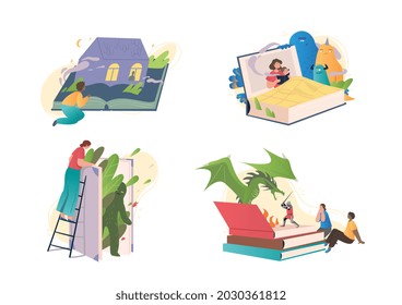 Set of mystical stories in books. Male and female characters read interesting stories with mysterious monsters. Fantastic world of fairy tales. Cartoon flat vector collection on white background