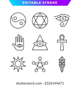 Set of Mystical Symbol Outline Icon. Yin yang, Ankh, Kabbalah, Eye of Horus, Pyramid, and More. Editable Stroke. Vector Eps 10