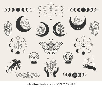 Set of mystical symbols: moon phases, crystals, witchy hands, crystal balls, flower moons. Vector with a slotted pattern. This collection will be great for design of mystical project, card and poster 