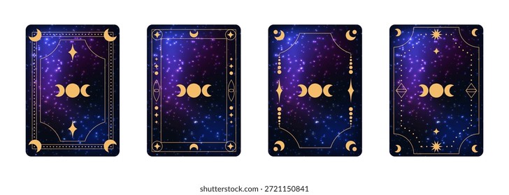 Conjunto de desenhos de volta de cartão de tarô místico com símbolo de deusa da lua tripla molduras ornamentais douradas e fundo estrelado azul púrpura galáxia cósmica. Ilustração vetorial editável. 