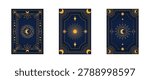 Set of mystical tarot cards backs with gold celestial sun, moon, and star symbols on dark blue. Cover, back side of playing cards. Vector illustration