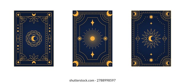 Set of mystical tarot cards backs with gold celestial sun, moon, and star symbols on dark blue. Cover, back side of playing cards. Vector illustration