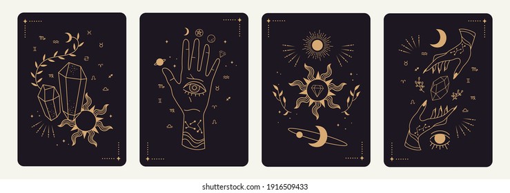 Set of mystical tarot cards. Elements of esoteric, occult, alchemical and witch symbols. Zodiac signs. Cards with esoteric symbols. Silhouette of hands,  stars, moon phases and crystals. Vector 