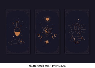 Set of mystical tarot cards. Elements of esoteric, occult, alchemical and witch symbols