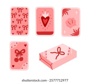 Set of mystical tarot cards with red bow, cherry berry, heart, shell, stars. Coquette aesthetic. Esoteric divination, forecasting, predicting. Flat isolated vector illustration