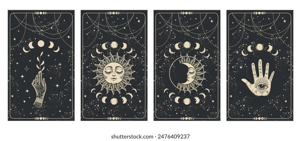 Set of mystical tarot cards with sun and moon symbols, palmistry. Vector illustrations of astrology and fortune telling. Vintage design.