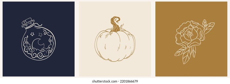 A set of mystical templates for a logo and cards for Halloween with a potion, a pumpkin and a rose. Minimalist autumn holiday vector illustration. Autumn design for invitation, greeting card, banner
