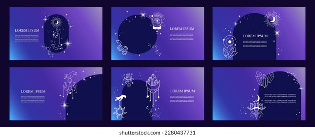 Set of mystical templates for presentation. Elements of esoteric, occult, alchemical and witch symbols. Cards with esoteric symbols. Silhouette of hands, stars, moon phases and crystals.  landing page