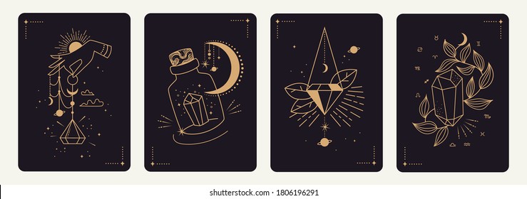 Set of mystical templates for tarot cards, banners, flyers, posters, brochures, stickers. Hand-drawn. Cards with esoteric symbols. Silhouette of hands, planets, stars, moon phases and crystals. vector