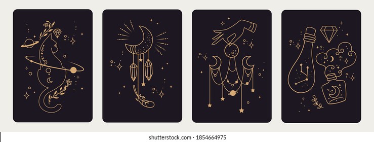 Set of mystical templates for tarot cards, banners, flyers, posters, brochures, stickers. Hand-drawn. Cards with esoteric symbols. Witchcraft. Silhouette of hands, planets, moon phases and crystals. 