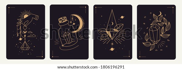 Set of mystical templates for tarot cards,
banners, flyers, posters, brochures, stickers. Hand-drawn. Cards
with esoteric symbols. Silhouette of hands, planets, stars, moon
phases and crystals.
vector