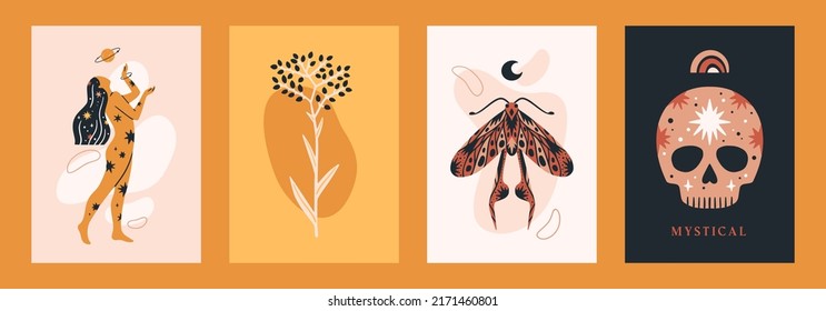 Set of mystical themed vertical cards templates. Witchcraft collection hand drawn vector illustrations.