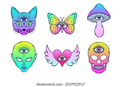  Set of mystical third eye vector with cat, butterfly, mushroom, alien, heart with wings, and skull.