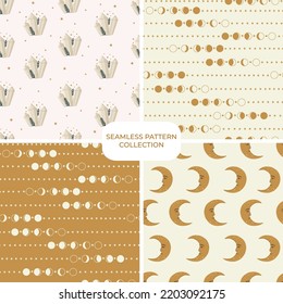 Set of mystical vector floral hand drawn seamless patterns. Cohesive collection of repeating backgrounds, digital papers for fabric, textile, scrapbook, wallpaper design