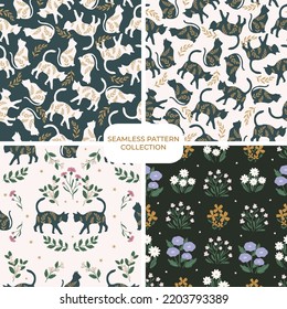 Set of mystical vector floral hand drawn seamless patterns. Cohesive collection of repeating backgrounds, digital papers for fabric, textile, scrapbook, wallpaper design