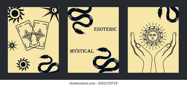 Conjunto de patrones de Vector místico. Carteles con una serpiente, cartas de tarot, sol de tarot, silueta de manos, estrellas. Elementos de símbolos esotéricos, ocultos, alquímicos y brujos.