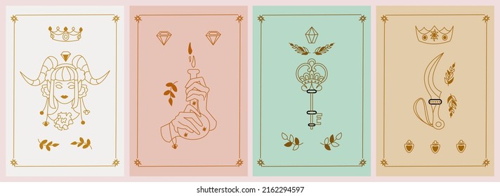 Set of mystical vector posters with inspirational quotes about energy magic. Girl with horns, poison, crown, hands, moon, druid sickle, diamond. Minimal trendy boho style. Vector outline illustration.