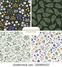 Set Of Mystical Vector Wildflower Floral Hand Drawn Seamless Patterns. Cohesive Collection Of Repeating Backgrounds, Digital Papers For Fabric, Textile, Scrapbook, Wallpaper Design