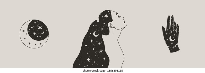 Set Of Mystical Woman and Moon, Stars and Hand in a Trendy Boho Style. Vector Space Portrait of A girl in Profile for wall print, t-shirt, tattoo Design, for social media post and stories