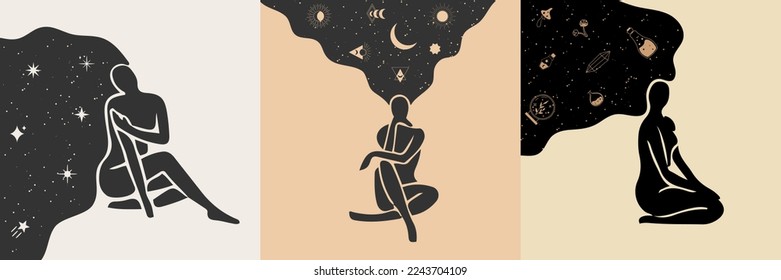 Set Of Mystical Women and Moon, Stars, and other elements in a Trendy Boho Style. Vector Space Portrait of A girl in Profile for wall print, t-shirt, and tattoo Design, for social media post.