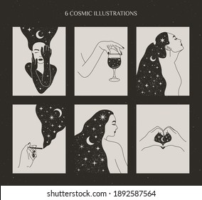 Set of Mystical Womens and Moon and Stars, Female Hands with a Glass of Wine and cigarette, Hand Heart Shape in Boho Style. Vector Illustrations for Wall Art and t-shirts Print, tattoo. svg