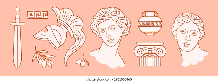 Set of mythical ancient greek stickers. Heads of women, helmet, amphora, dagger. Classic statues in modern style, isolated hand drawn