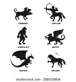 set of mythical creature icon unicorn werewolf dragon cerberus griffin centaur svg