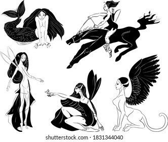 Set of Mythical female creatures: elf, amazon, mermaid, sphinx