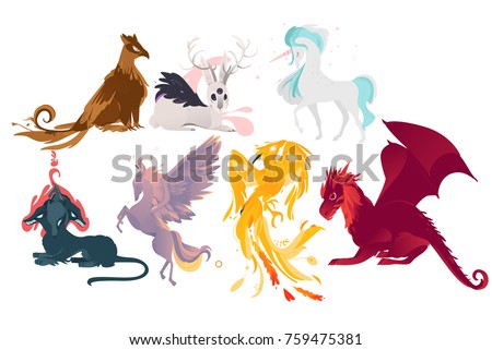 Set of mythical, mythological creates, animals - unicorn, jackalope, phoenix, pegasus, cerberus, griffon, dragon, flat cartoon vector illustration isolated on white background. Set of mythical animals