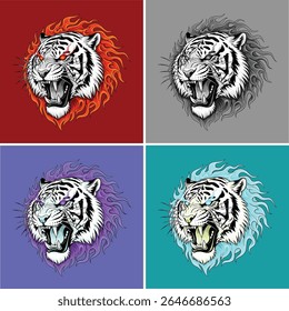 Set of mythical roaring white tiger head illustrations with elemental flames, vector design for t-shirt and mascot logo