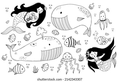set of mythical women and sea animals. Cute mermaid, whale and sperm whale, fish, jellyfish, seaweed and shells. vector outline illustrations, in style of linear doodles for design and coloring books